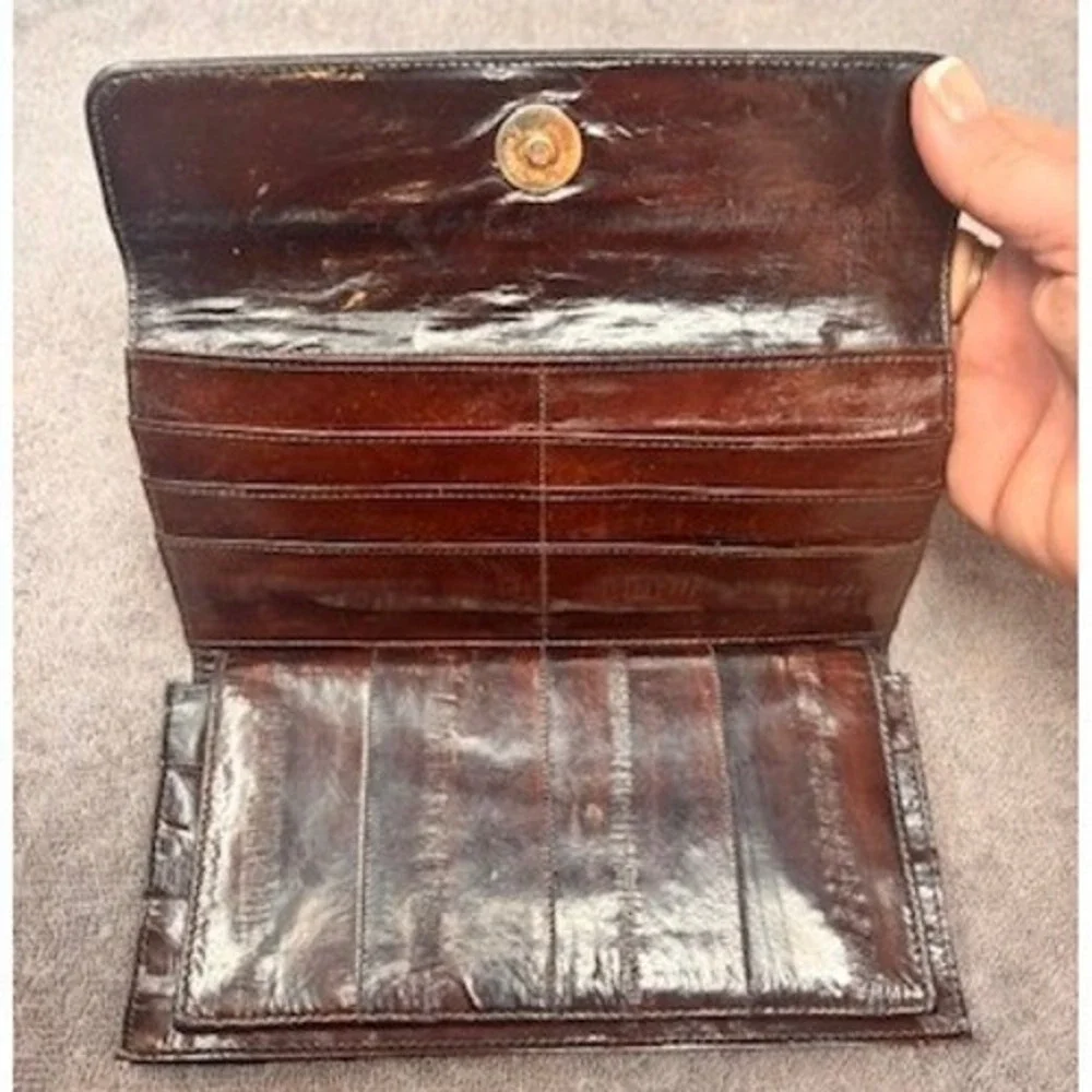 Vintage Genuine Eel Skin Leather Women's Long Wallet Clutch Dark Brown